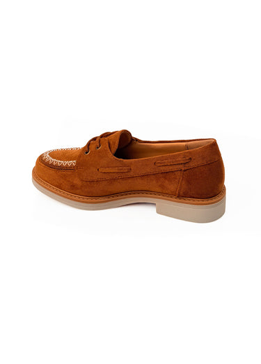 Derbies aspect suédine, détails brodés Camel