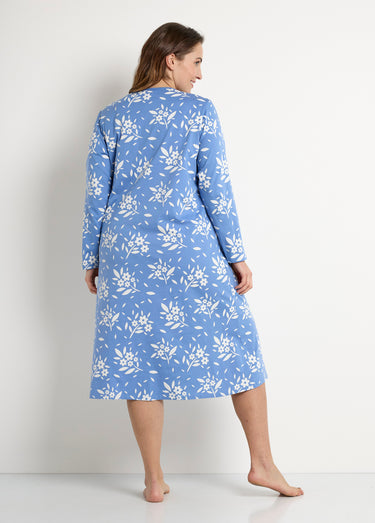 Chemise de nuit boutonnée coton mi longue fleurie Bleu