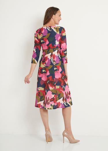 Robe cache-coeur courte imprimée manches 3/4 Marine/Rose