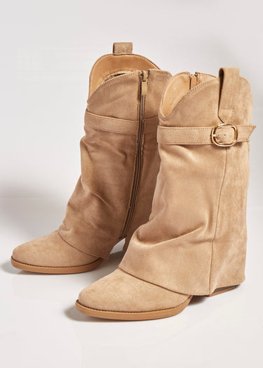 Bottes froissées à talon style cow girl Beige