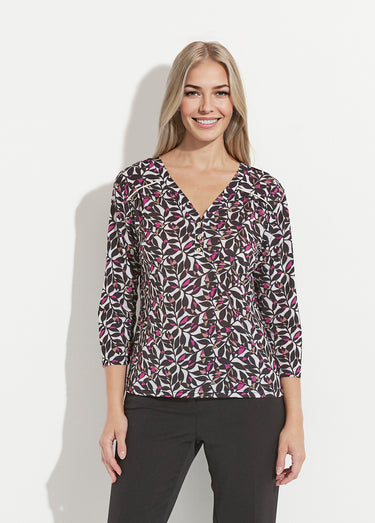 T-shirt court col V manches 3/4 imprimé feuilles Ecru/Rose