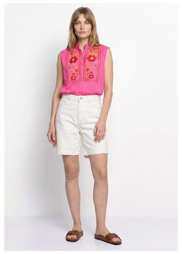Blouse sans manches, broderies vives Rose fluo/Multicolore