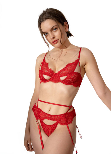 Ensemble dentelle sexy porte-jarretelles Rouge