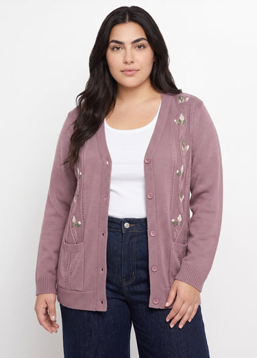 Gilet long boutonné brodé perlé col V Cyclamen