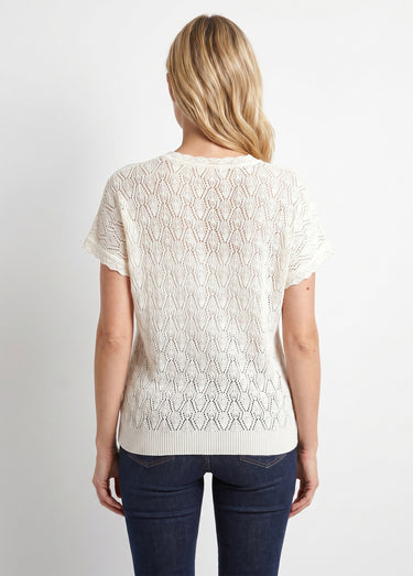 Pull coton court col rond ajouré effet crochet Ecru