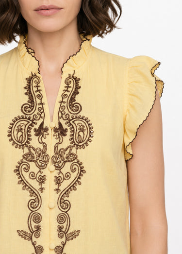 Blouse à sequins et broderies et volants Jaune