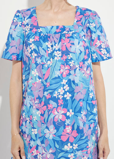 Robe-tablier courte manches courtes Bleu