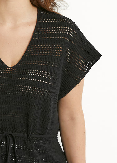 Pull-tunique de plage long ajouré col V coton Noir