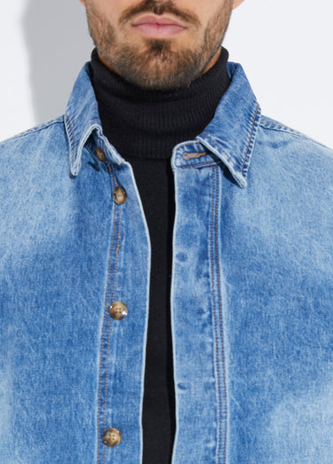 Surchemise en jean délavé, denim épais Bleu