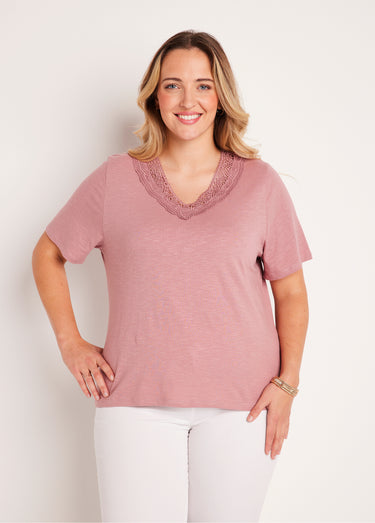 T-shirt manches courtes coton et macramé Rose