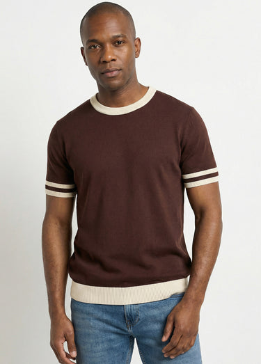 Pull manches courtes détails bicolores Marron