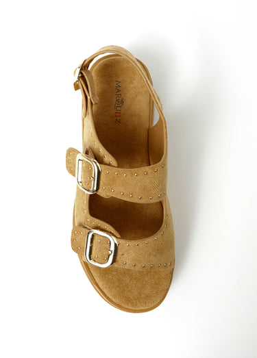 Sandales compensées effet daim à boucles Camel