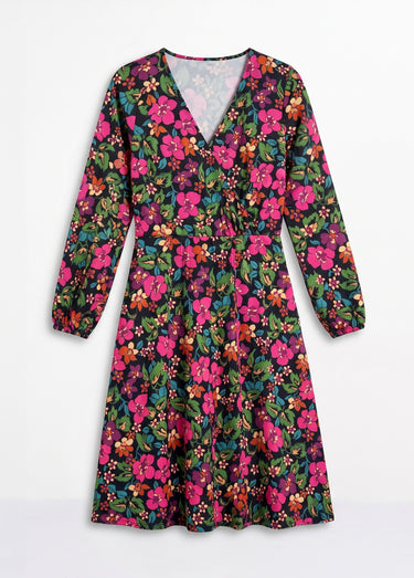 Robe cache-coeur courte évasée fleurie Noir/Fuchsia