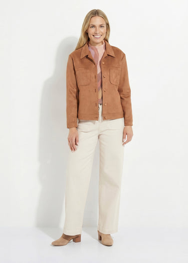 Blouson boutonné tissu suédé col cranté Camel