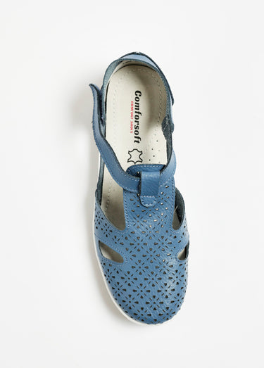 Ballerines confort cuir ajouré à scratch Bleu