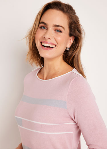 Pull manches 3/4 col bateau jacquard rayé devant Rose/Gris