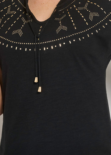 T-shirt court uni clouté maille flammée Noir