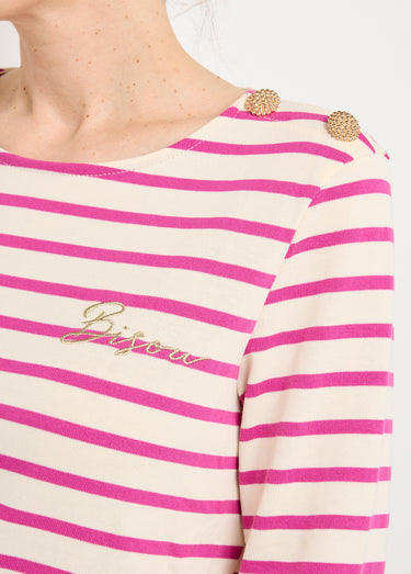 Marinière rayée manches longues, Bisou Magenta / écru