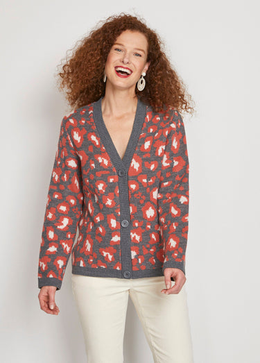 Gilet court boutonné jacquard léopard Gris/Tomette
