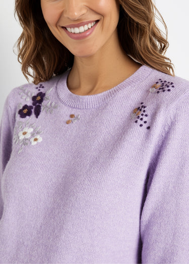 Pull doux uni brodé col rond manches longues Lilas