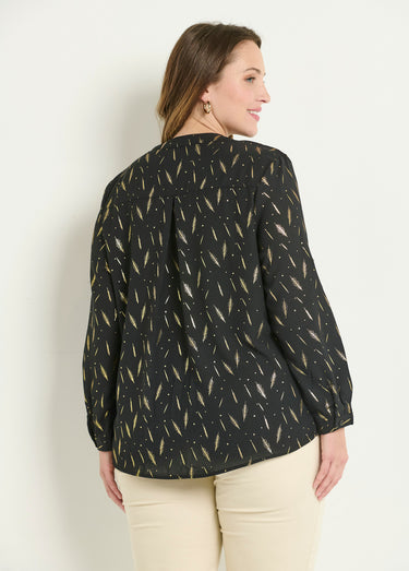 Tunique motifs col V boutonné manches 3/4 Noir