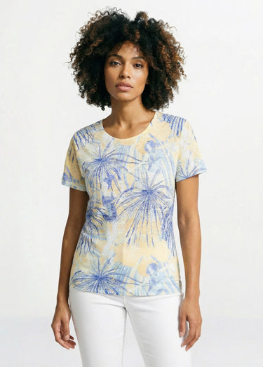 T-shirt court motif et strass col rond Jaune/Bleu