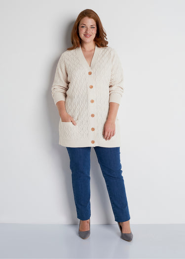 Gilet long boutonné torsades col V Ecru