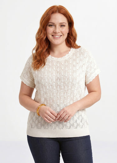 Pull coton court col rond ajouré effet crochet Ecru