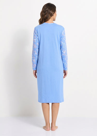 Chemise de nuit mi longue coton uni motif fleuri Imprimé bleu/rose