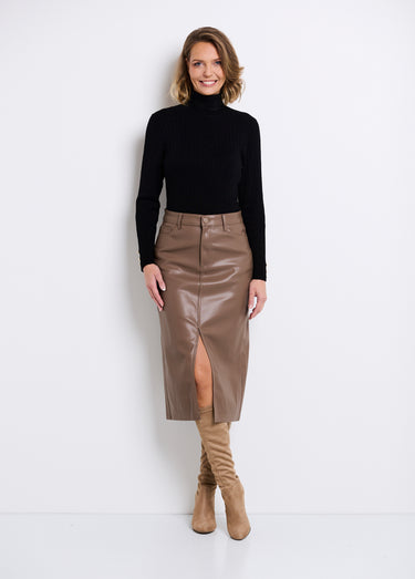 Jupe longue fendue en faux cuir Taupe