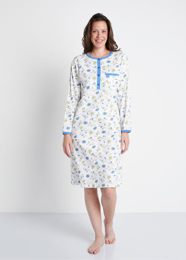Chemise de nuit boutonnée coton imprimé mi longue Bleu
