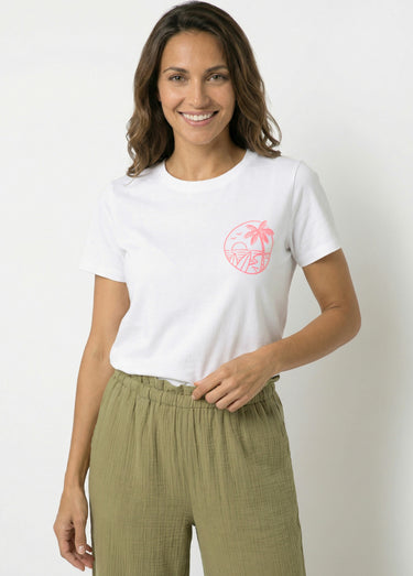 T-shirt manches courtes broderie sunset Blanc / rose fluo