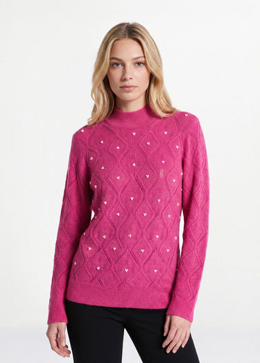 Pull doux ajouré perlé col montant Rose