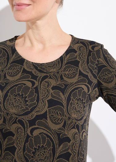 T-shirt jacquard fleuri col rond Noir/Camel