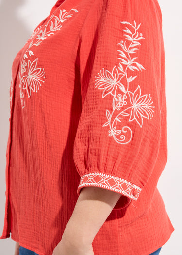 Blouse en gaze de coton avec broderies Corail