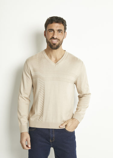 Pull col V manches longues coton Beige