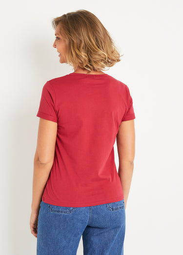 T-shirt col rond broderie coeur poitrine Bordeaux