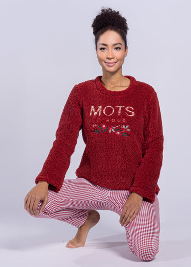 Pyjama chaud manches longues sherpa Bordeaux/Carreaux