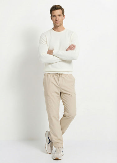 Pantalon en toile, taille elastiquée Beige