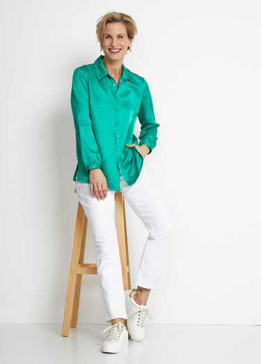 Chemisier long droit boutonné en satin Uni Vert