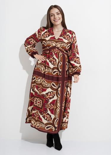Robe longue col V inspiration ethnique Ecru/Bordeaux