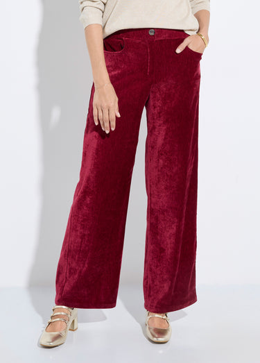 Pantalon large élastiqué en velours ras Bordeaux