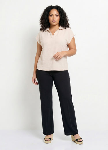 T-shirt col chemise uni manches courtes Sable