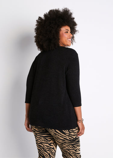 T-shirt long évasé manches 3/4 col rond Uni Noir