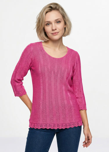 Pull court ajouré col rond Fuchsia