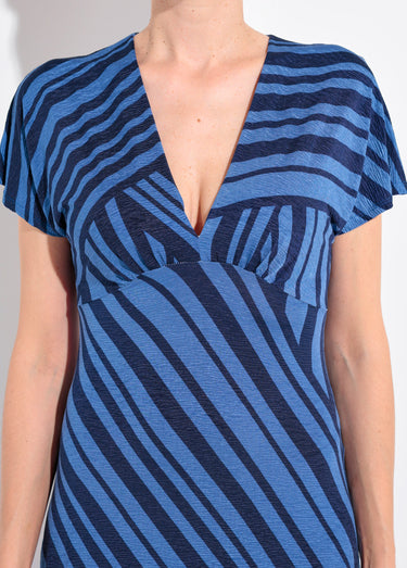 Robe longue manches col V rayures Bleu