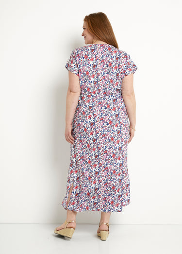 Robe longue fleurie cache-coeur manches courtes Bleu/Rose