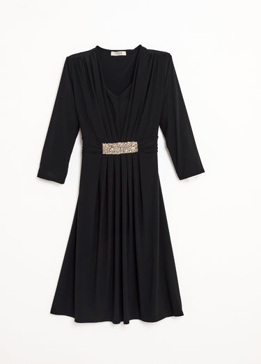 Robe courte col V effet drapé ceinture bijou Noir