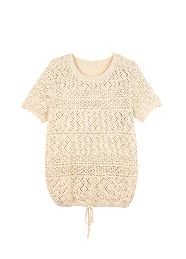 Pull manches courtes blousant ajouré col rond Ficelle