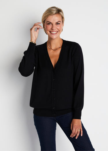 Gilet boutonné col V avec laine mérinos Noir